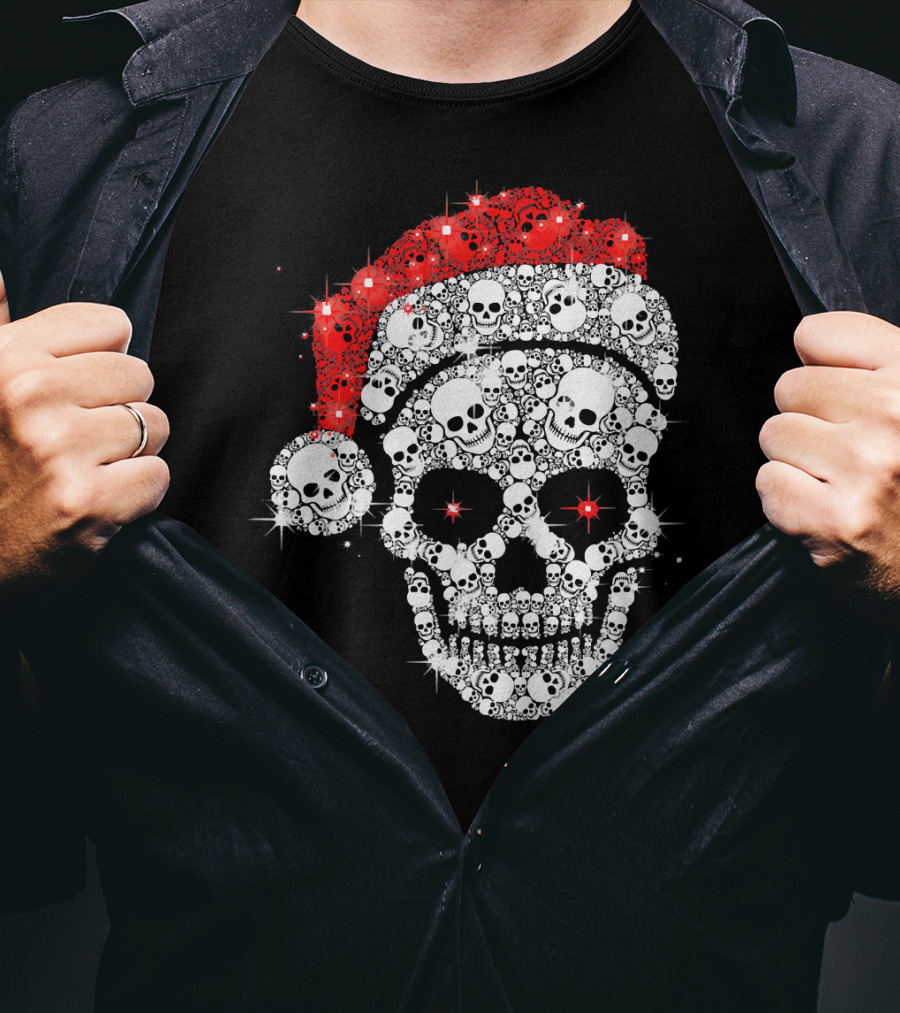 Shiny Skull Rhinestone Santa Hat Christmas Skulls T-Shirt