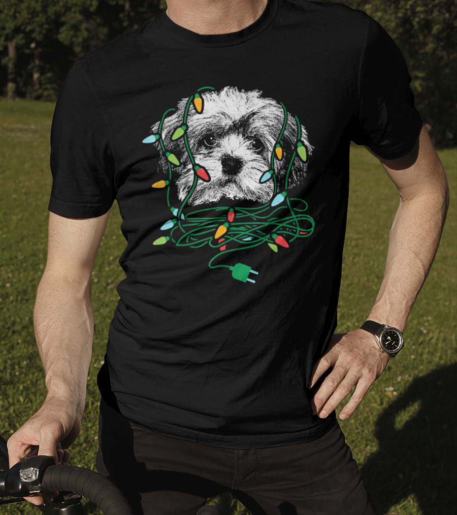 Havanese Puppy Tangled In Colorful Christmas Lights T-Shirt