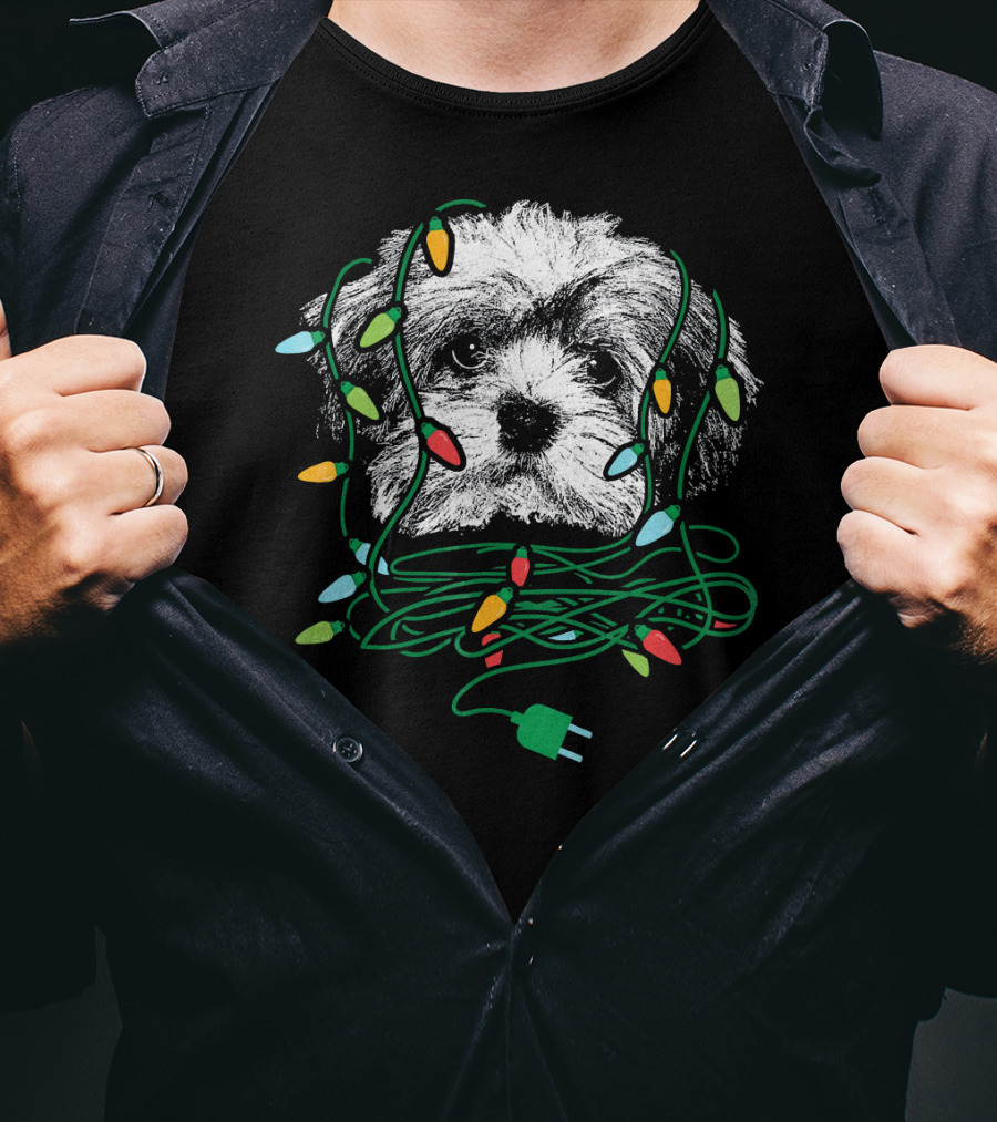 Havanese Puppy Tangled In Colorful Christmas Lights T-Shirt