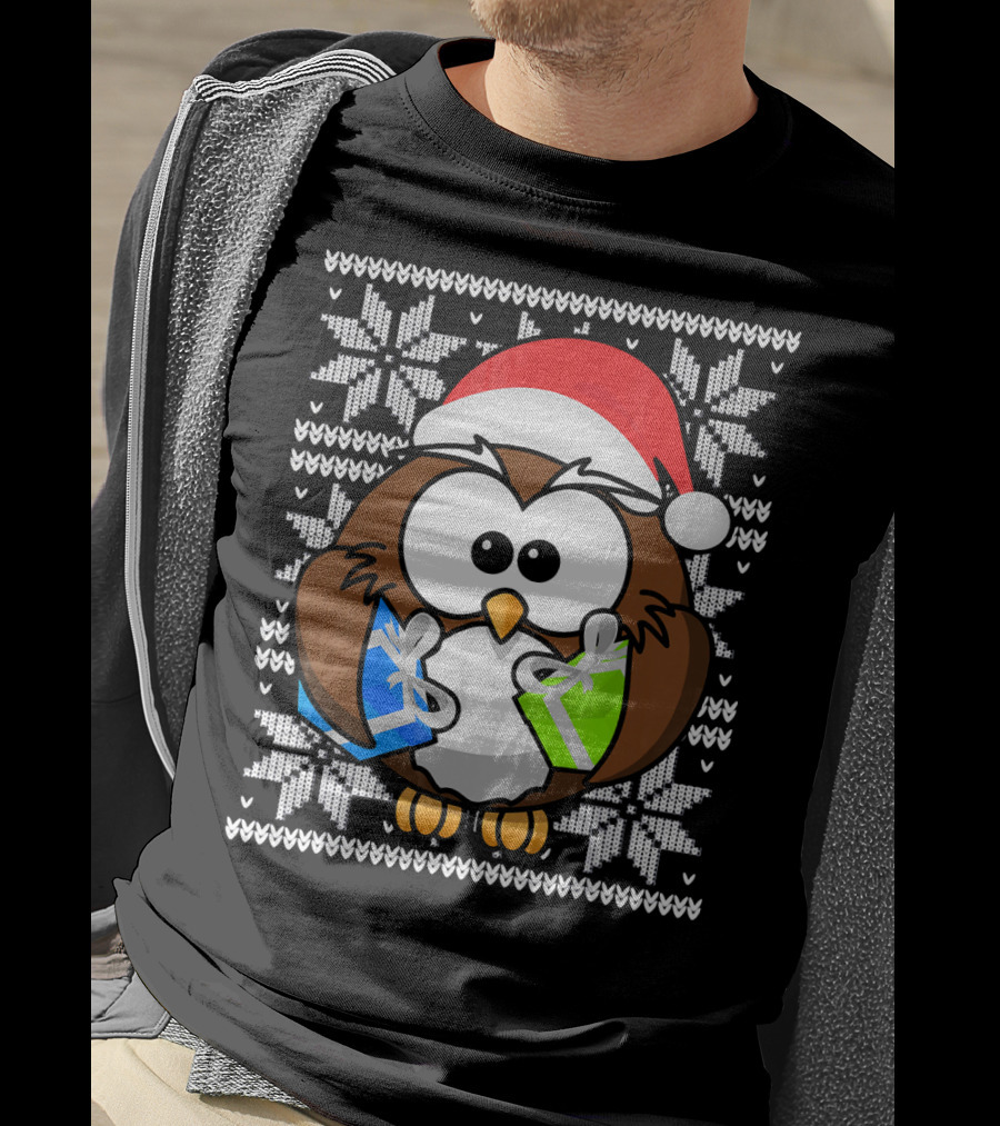 UGLY CHRISTMAS Holiday Owl With Santa Hat And Gifts T-Shirt