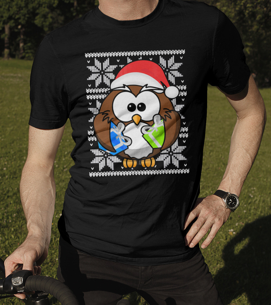 UGLY CHRISTMAS Holiday Owl With Santa Hat And Gifts T-Shirt