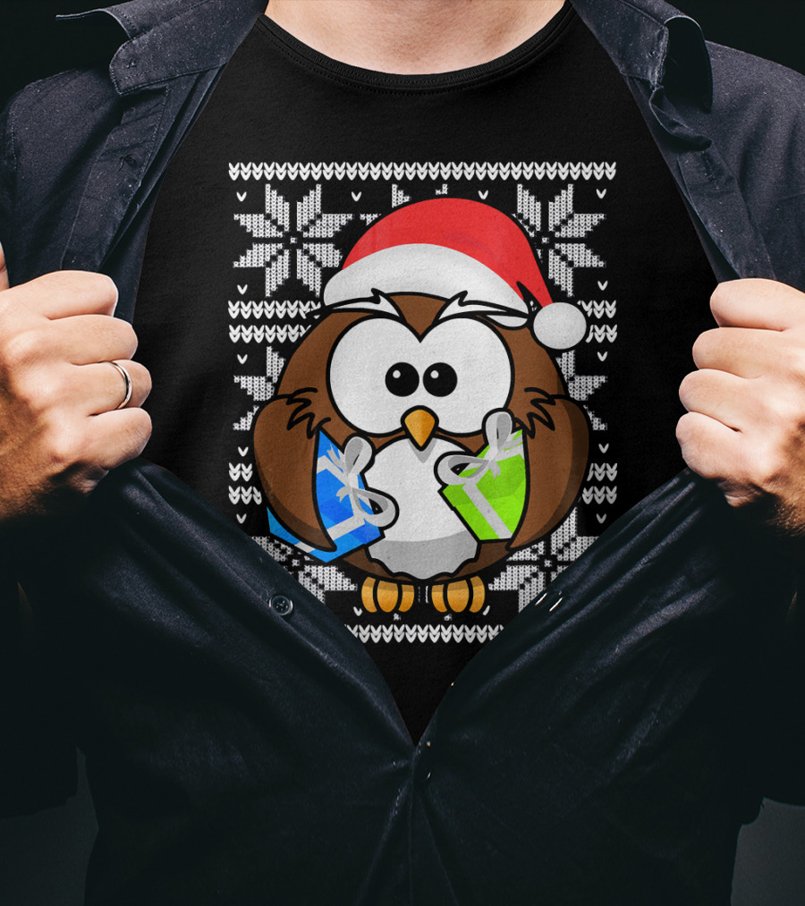 UGLY CHRISTMAS Holiday Owl With Santa Hat And Gifts T-Shirt