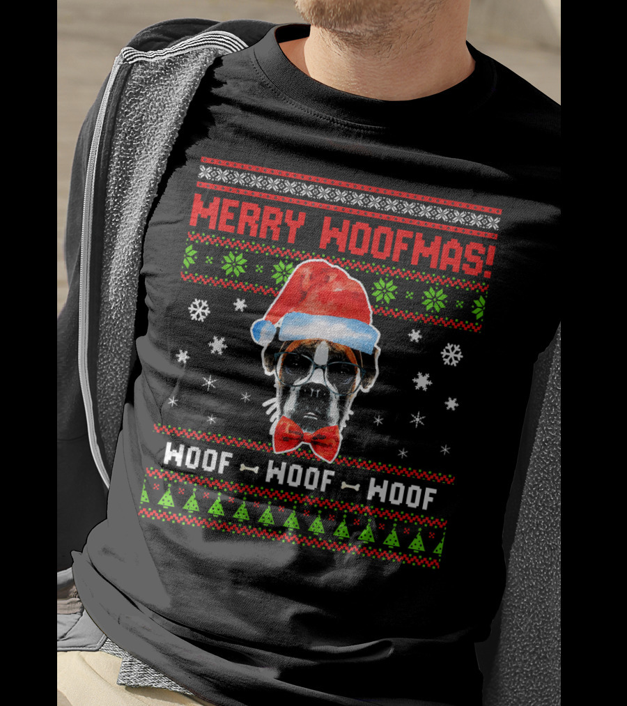 Merry Woofmas Boxer Dog Santa Hat Woof Woof Woof T-Shirt
