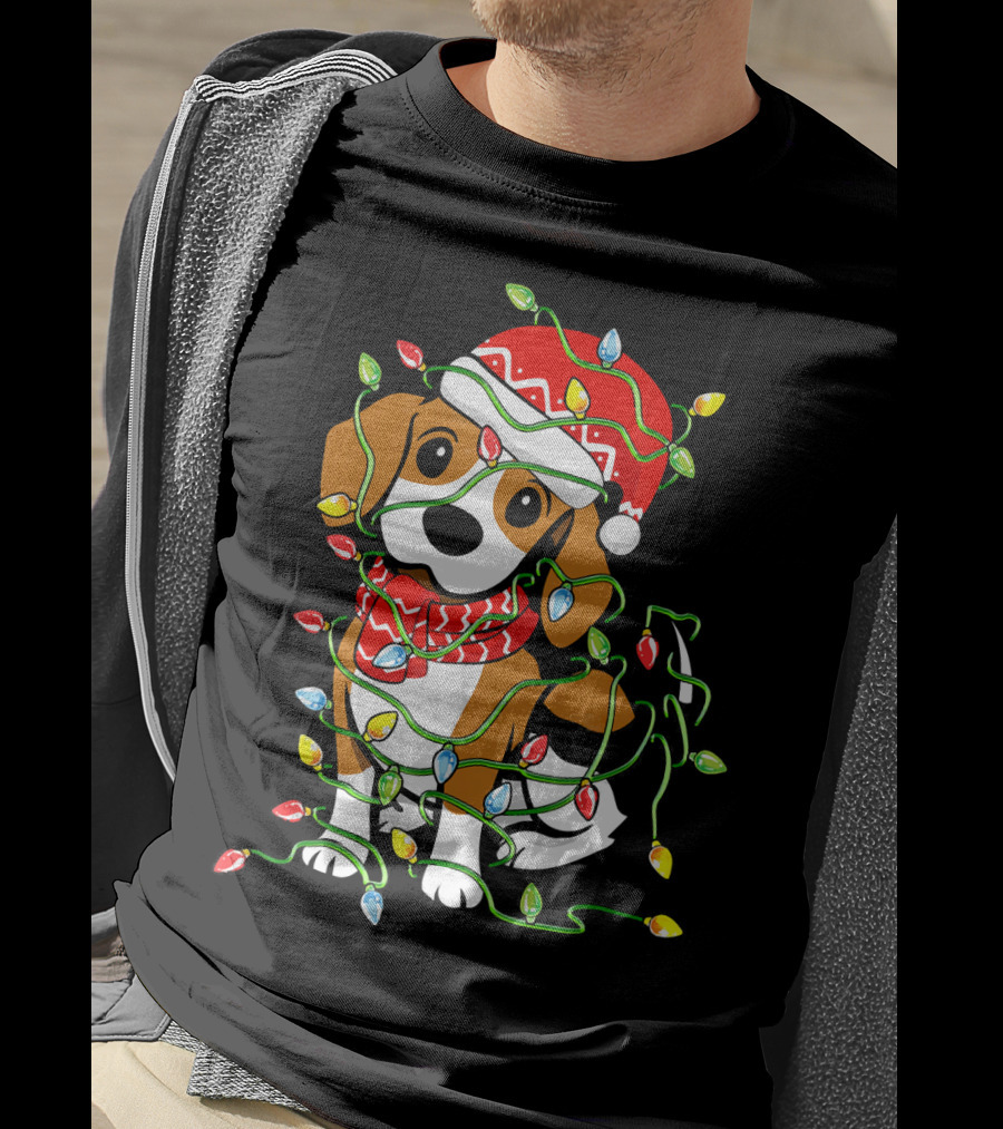 Beagle Wrapped In Christmas Lights Wearing Santa Hat T-Shirt