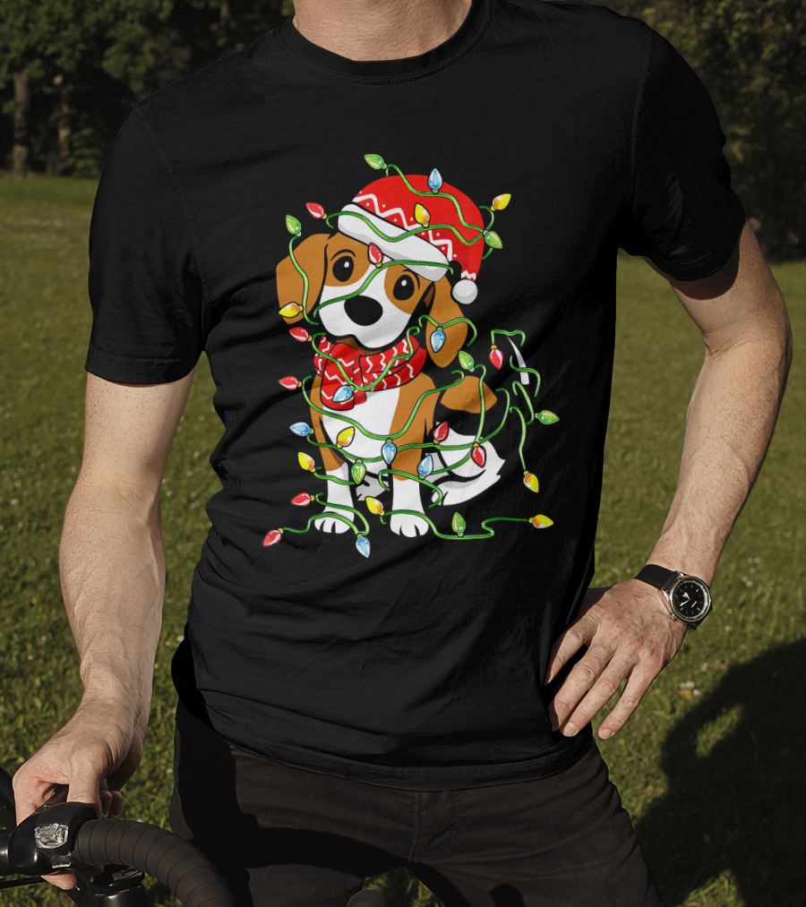 Beagle Wrapped In Christmas Lights Wearing Santa Hat T-Shirt