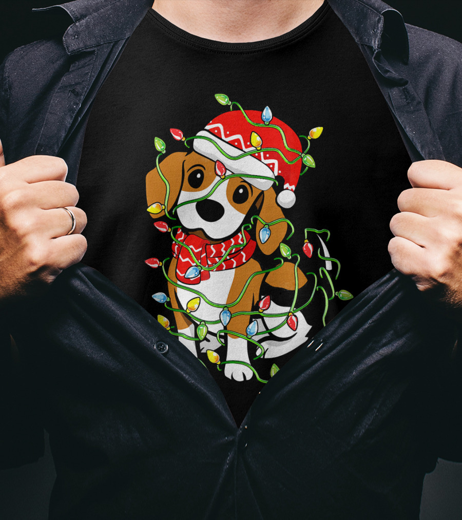 Beagle Wrapped In Christmas Lights Wearing Santa Hat T-Shirt