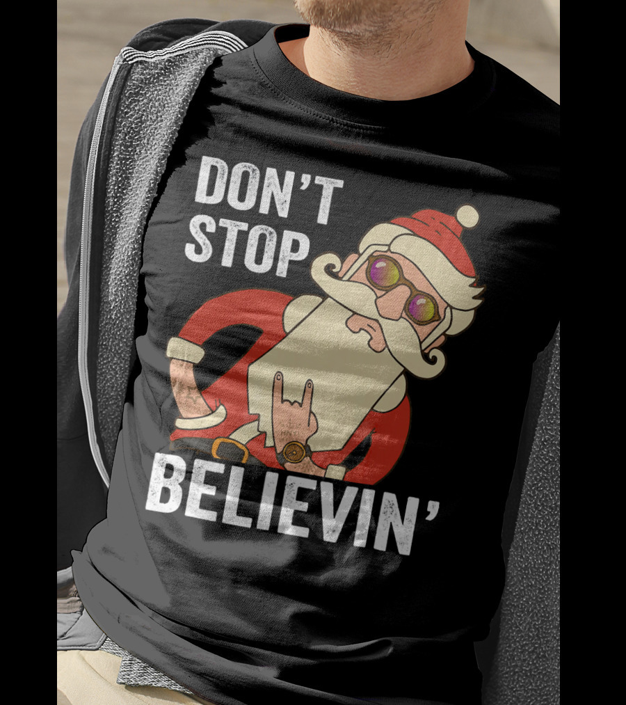Don't Stop Believin' Santa Rock Hand Gesture T-Shirt