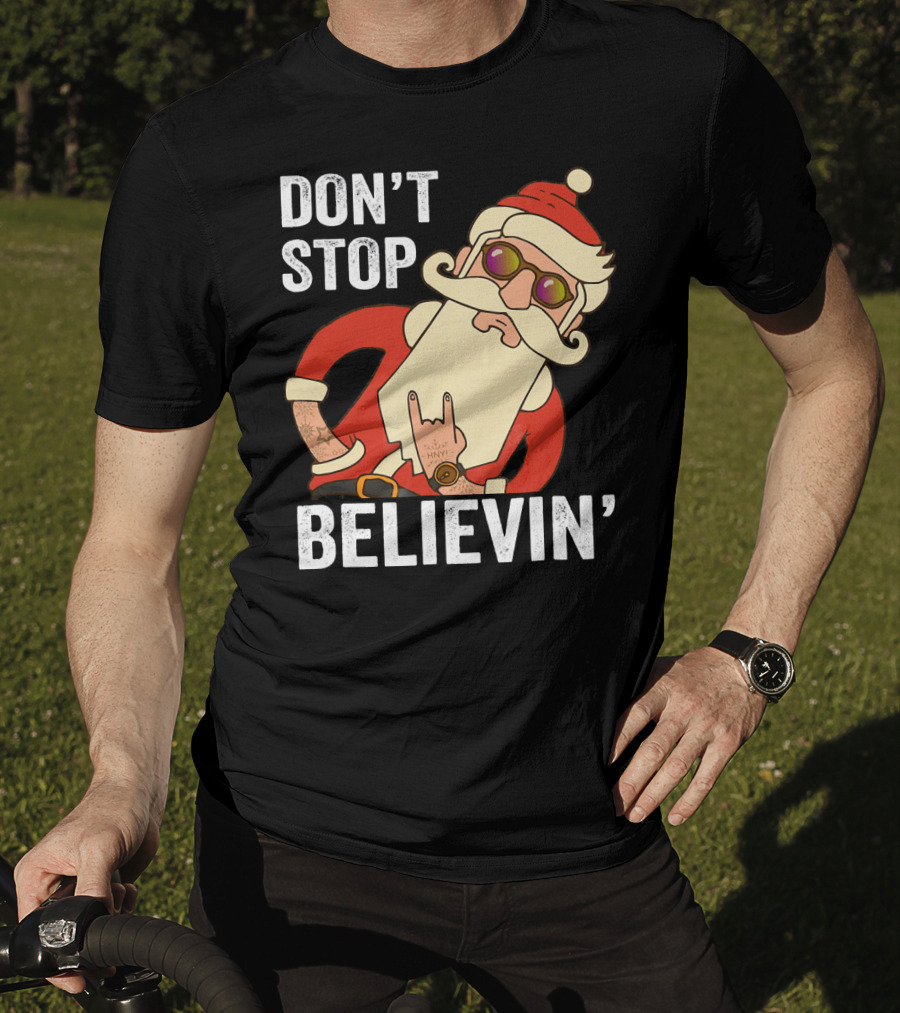 Don't Stop Believin' Santa Rock Hand Gesture T-Shirt