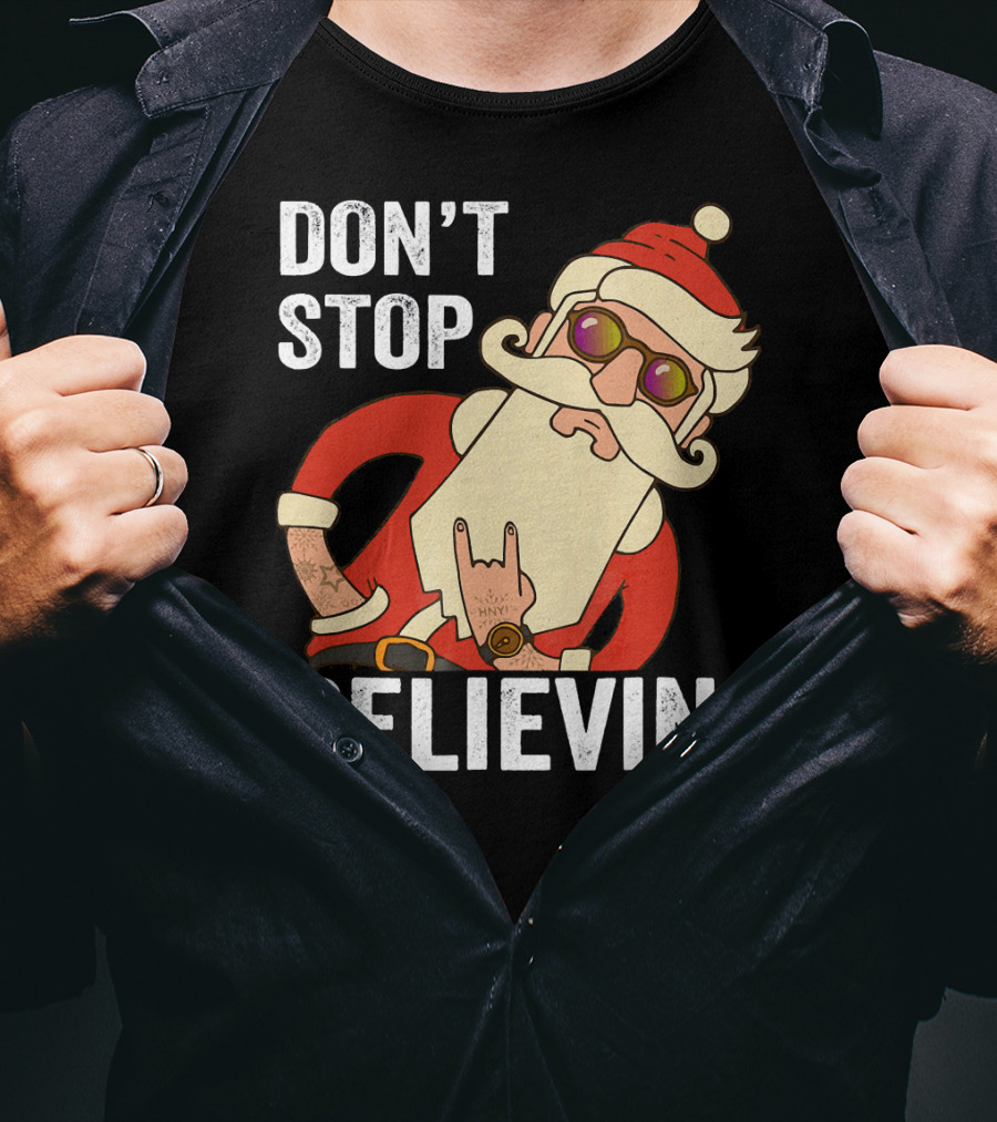 Don't Stop Believin' Santa Rock Hand Gesture T-Shirt
