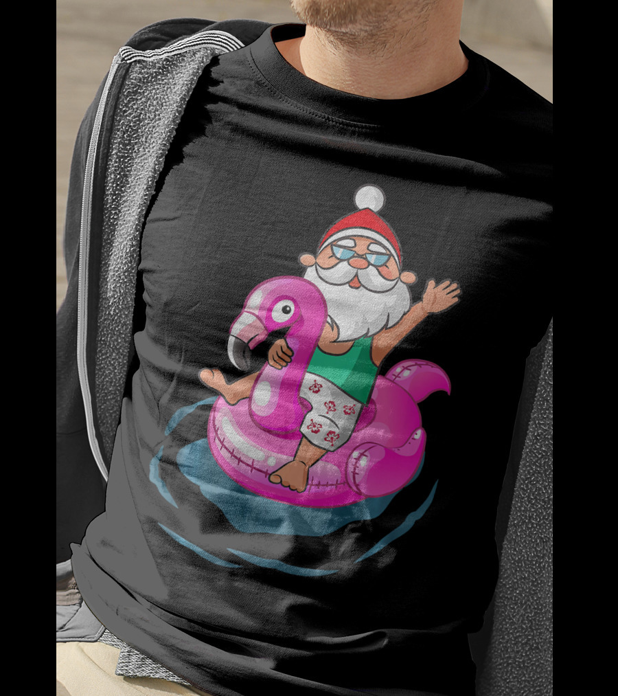 Christmas In July Santa Riding Flamingo Float In Hawaiian Shorts T-Shirt