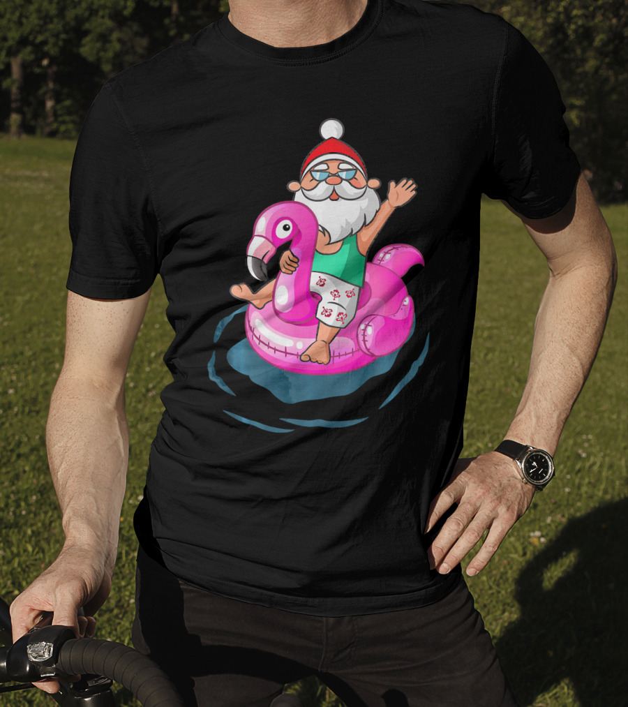 Christmas In July Santa Riding Flamingo Float In Hawaiian Shorts T-Shirt