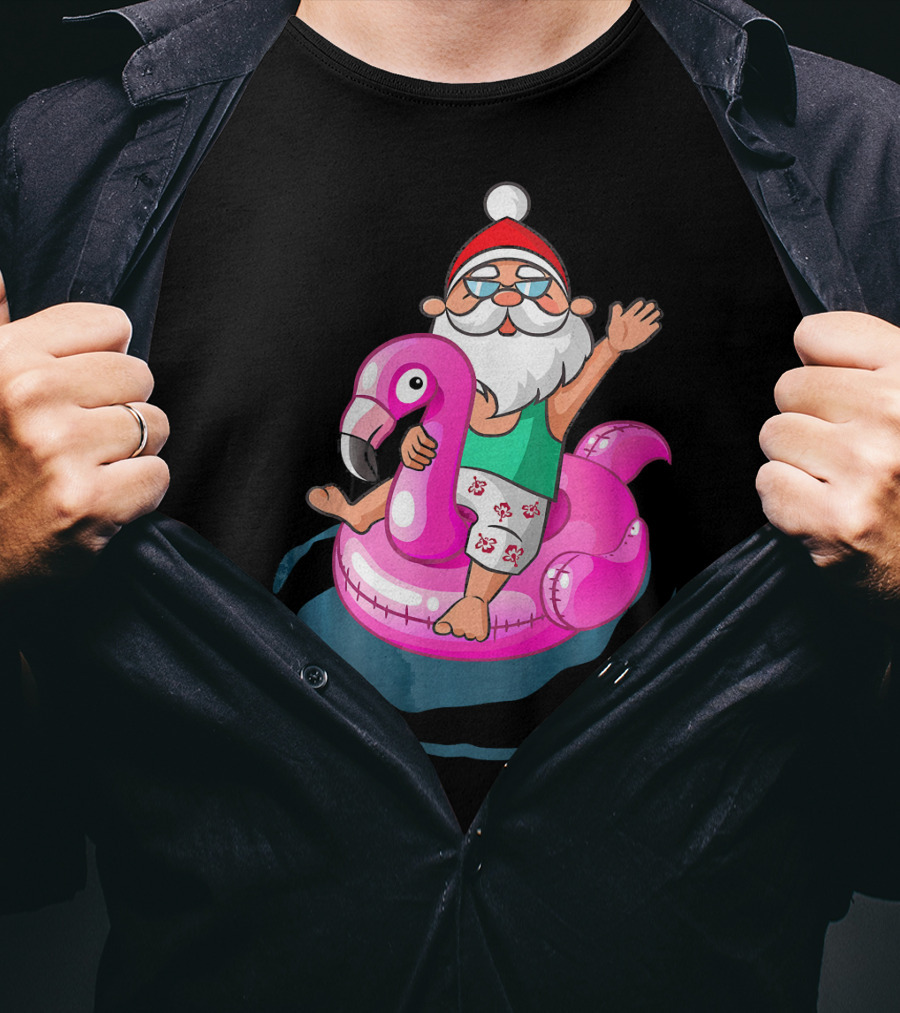 Christmas In July Santa Riding Flamingo Float In Hawaiian Shorts T-Shirt