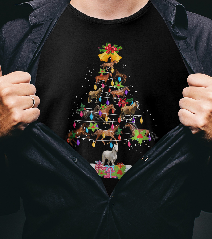 Horse Tree Christmas Candy Cane Ornament Holiday Lights T-Shirt