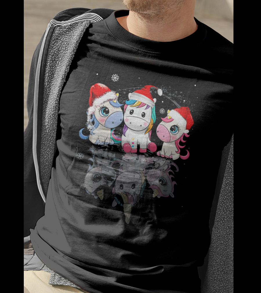Christmas Santa Hat Funny Three Cute Unicorn Snowflakes T-Shirt