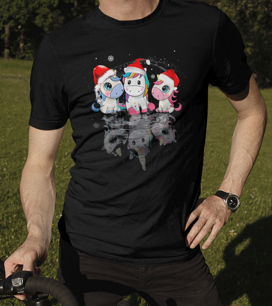 Christmas Santa Hat Funny Three Cute Unicorn Snowflakes T-Shirt