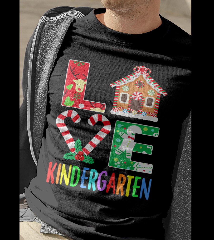 LOVE Kindergarten Christmas Reindeer Gingerbread Candy Cane T-Shirt