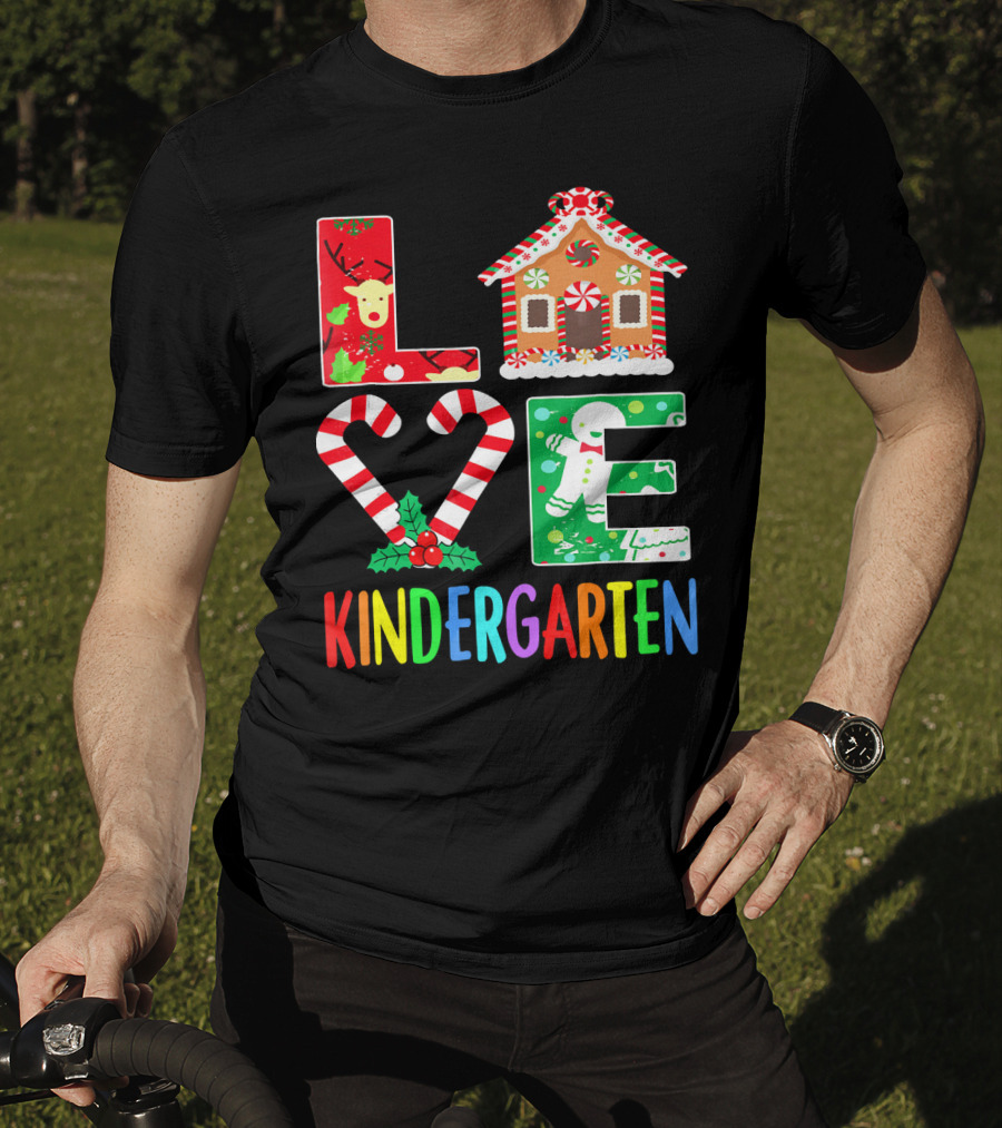 LOVE Kindergarten Christmas Reindeer Gingerbread Candy Cane T-Shirt