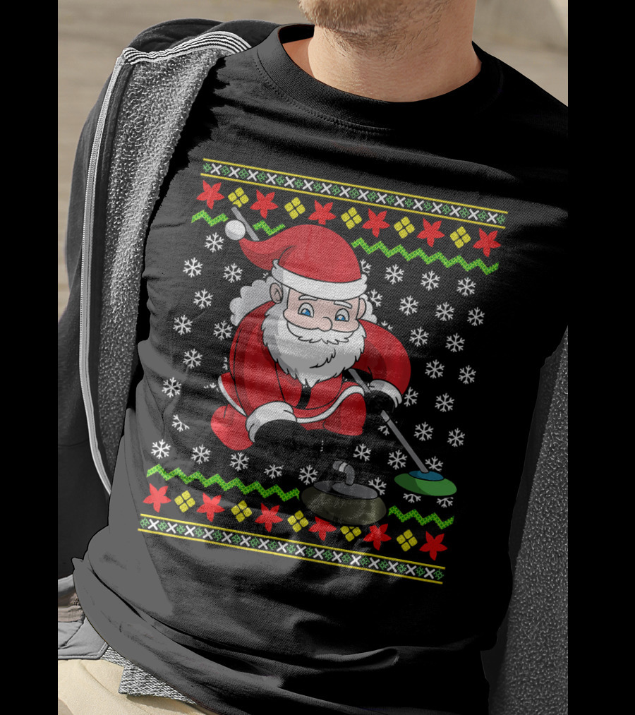 Santa Curling Ugly Christmas Sweater Snowflakes T-Shirt