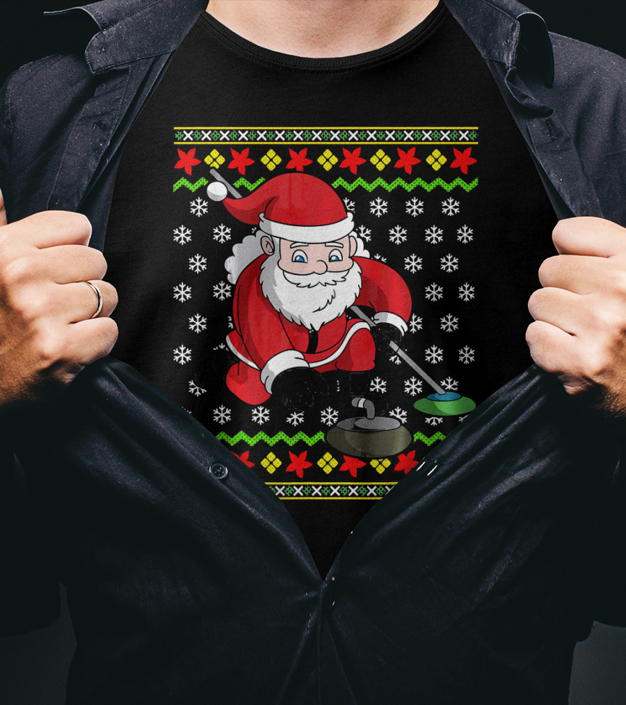 Santa Curling Ugly Christmas Sweater Snowflakes T-Shirt
