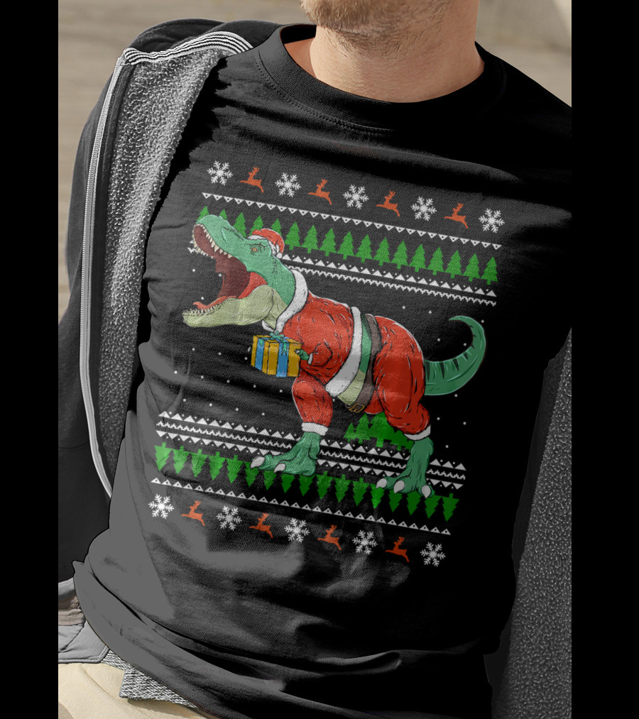 Funny TRex Dino Christmas Santa Holding Gift In Ugly T-Shirt