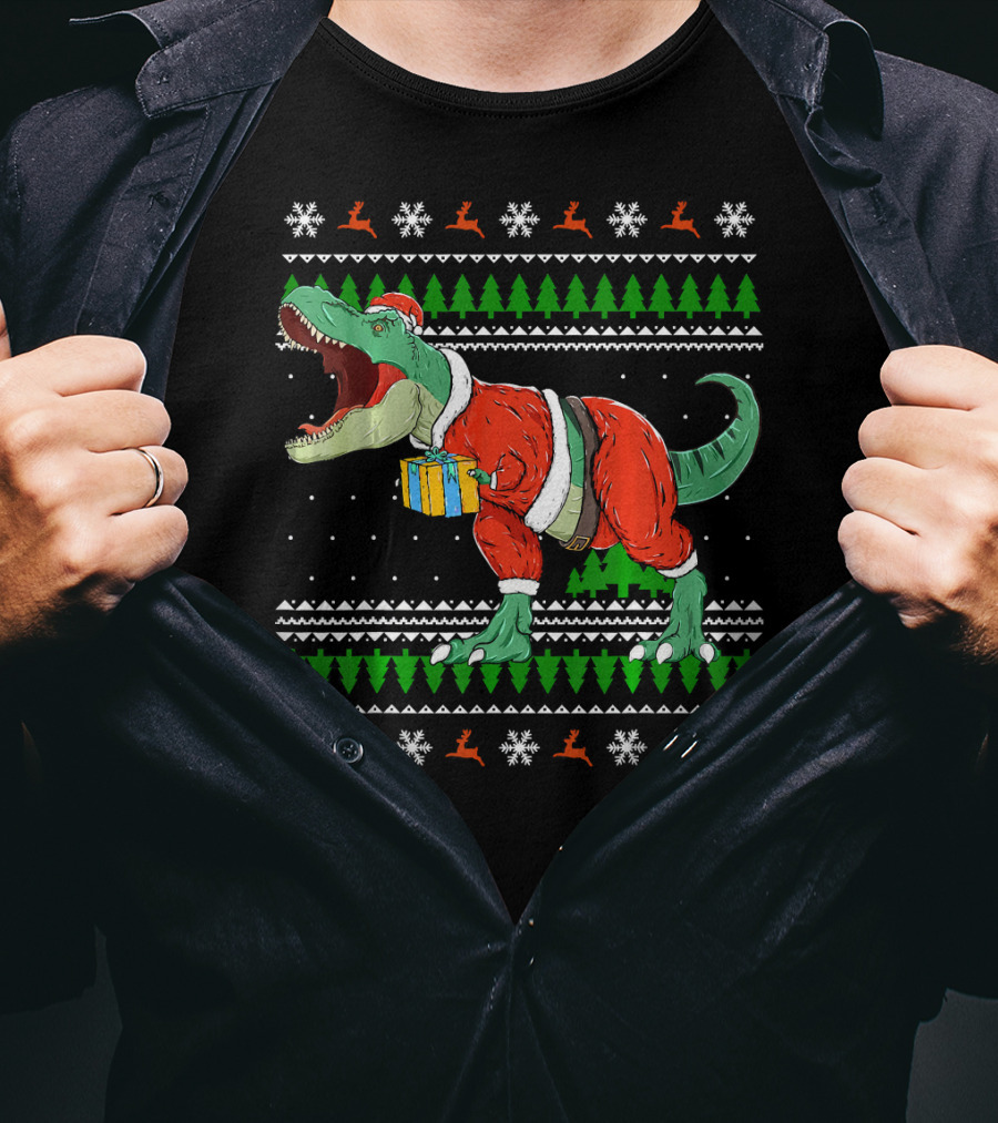 Funny TRex Dino Christmas Santa Holding Gift In Ugly T-Shirt