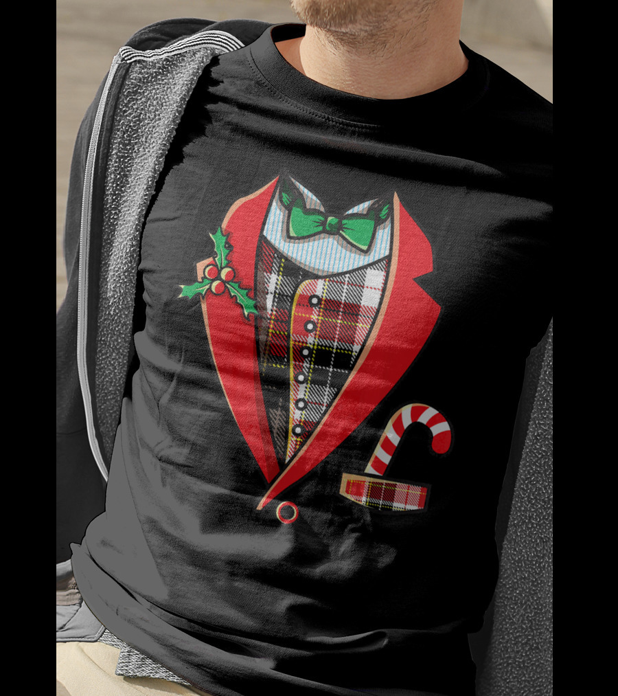 Christmas Tuxedo Plaid Suit Jacket With Green Bow Tie And Candy Cane T-Shirt