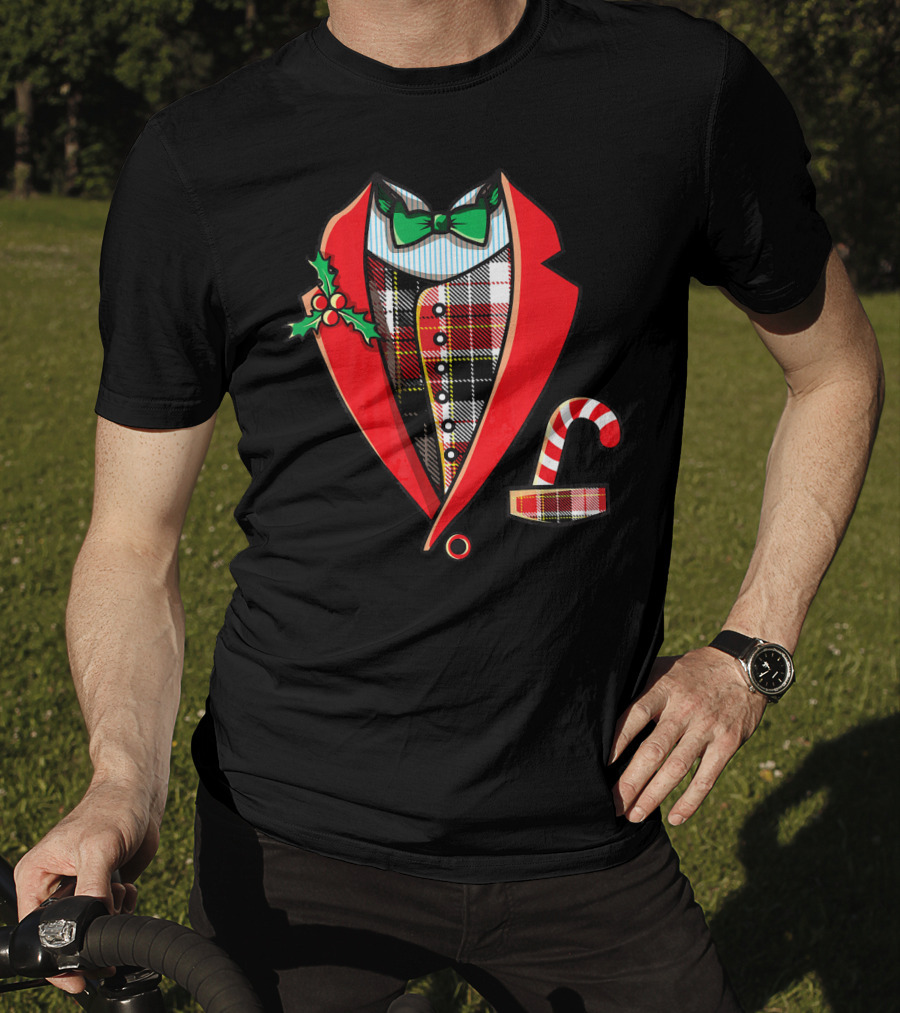 Christmas Tuxedo Plaid Suit Jacket With Green Bow Tie And Candy Cane T-Shirt