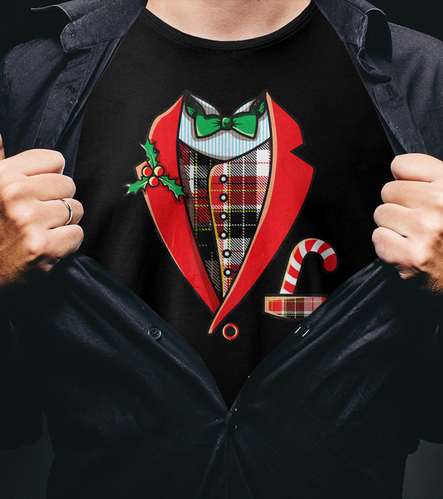 Christmas Tuxedo Plaid Suit Jacket With Green Bow Tie And Candy Cane T-Shirt