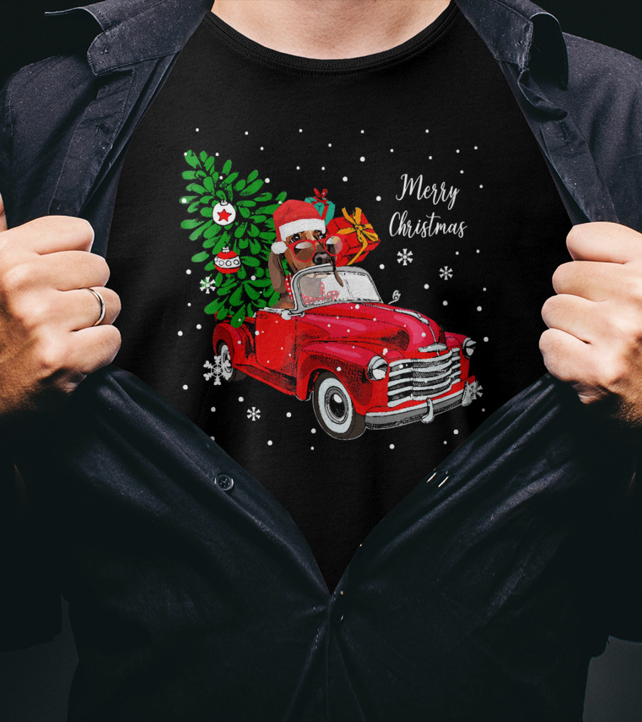 Merry Christmas Santa Dachshund In Red Truck With Gifts And Tree T-Shirt