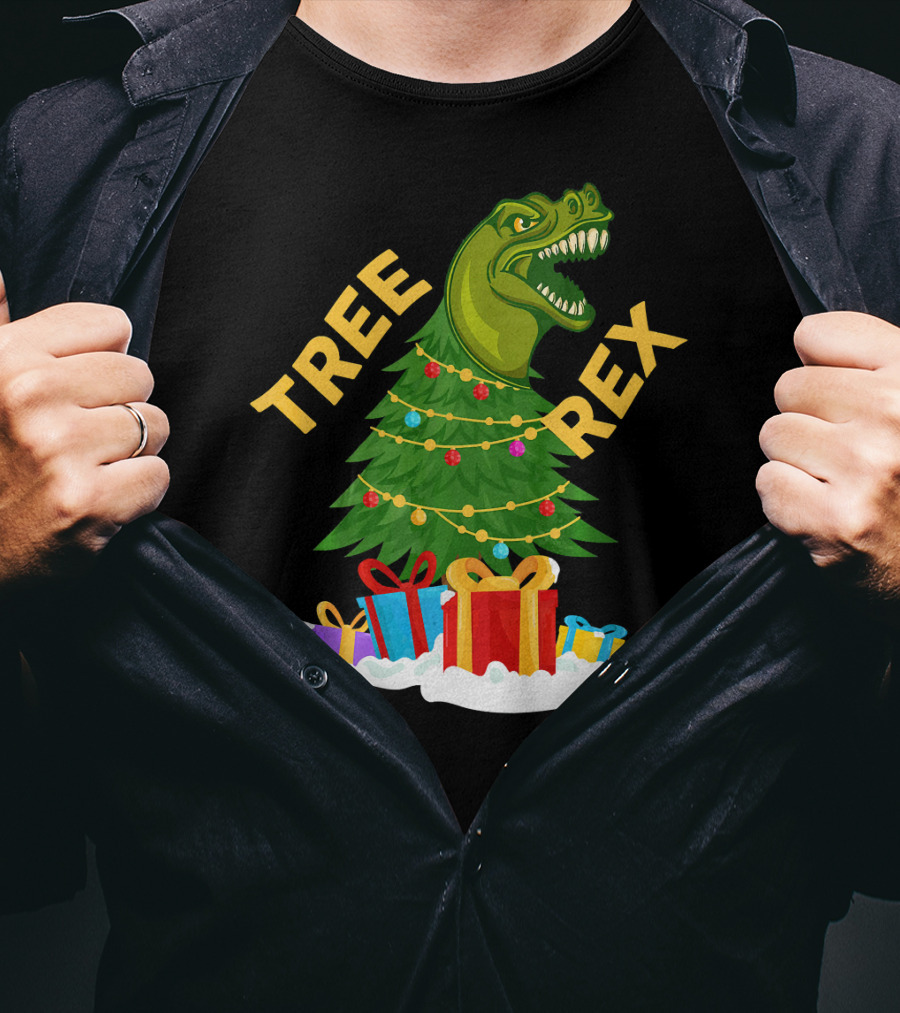 Tree Rex Christmas Dinosaur With Presents And Decorations T-Shirt