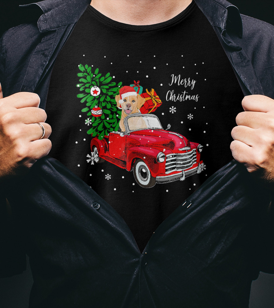 Merry Christmas Santa Labrador Dog Riding Red Truck With Presents And Tree T-Shirt