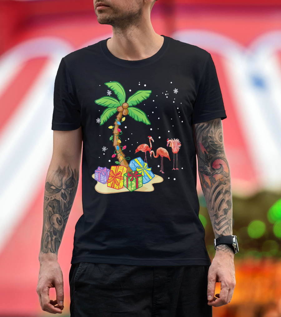 Flamingo Christmas Palm Tree Snow Presents T-Shirt