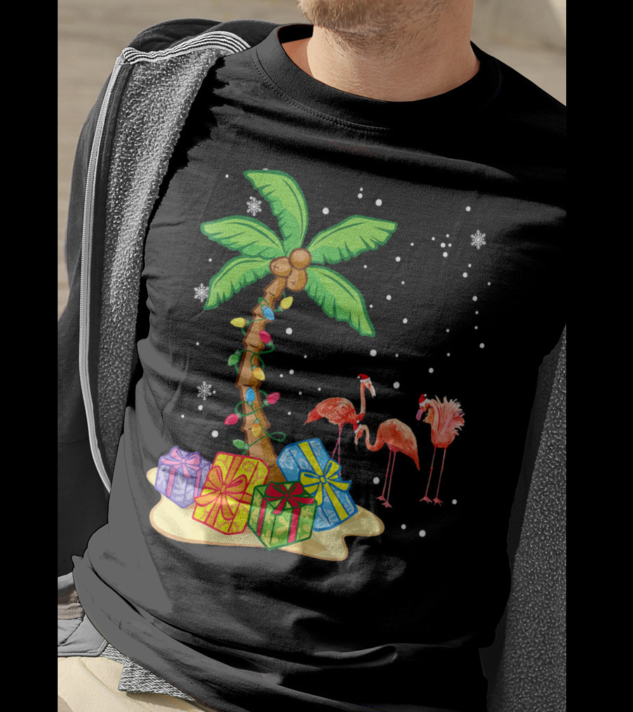 Flamingo Christmas Palm Tree Snow Presents T-Shirt
