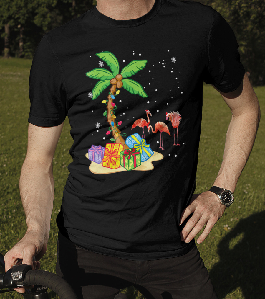 Flamingo Christmas Palm Tree Snow Presents T-Shirt