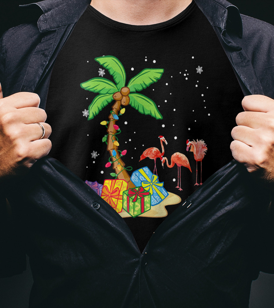 Flamingo Christmas Palm Tree Snow Presents T-Shirt