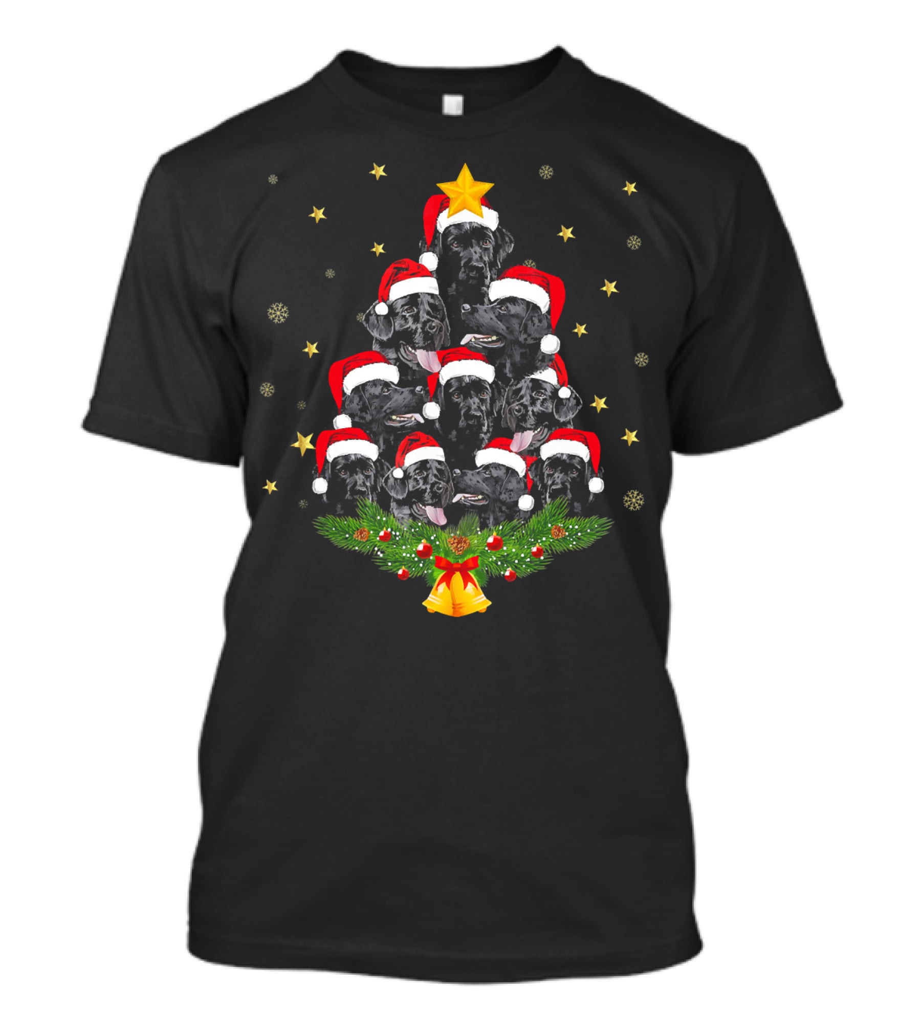 Black Labrador Santa Hats Christmas Tree With Star And Bells T-Shirt