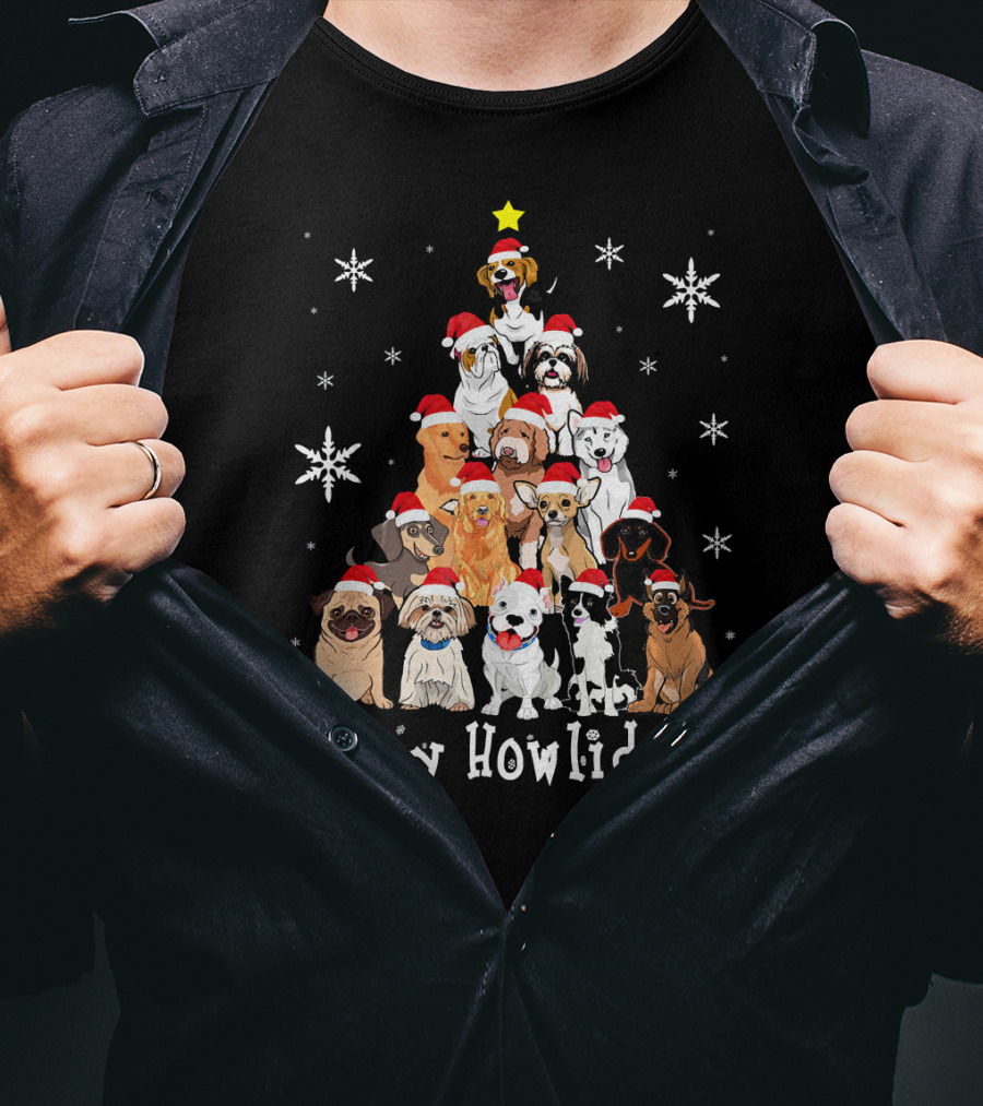 Happy Howlidays Dog Christmas Tree Santa Hat Puppies Snowflakes T-Shirt