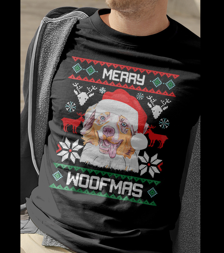 Merry Woofmas Australian Shepherd With Santa Hat And Christmas Motifs T-Shirt