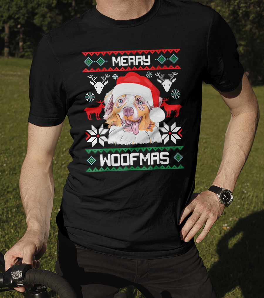Merry Woofmas Australian Shepherd With Santa Hat And Christmas Motifs T-Shirt