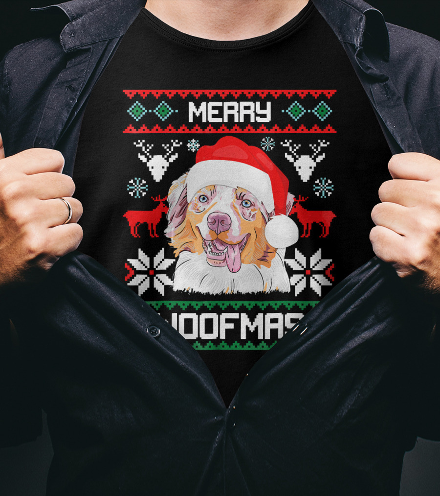 Merry Woofmas Australian Shepherd With Santa Hat And Christmas Motifs T-Shirt