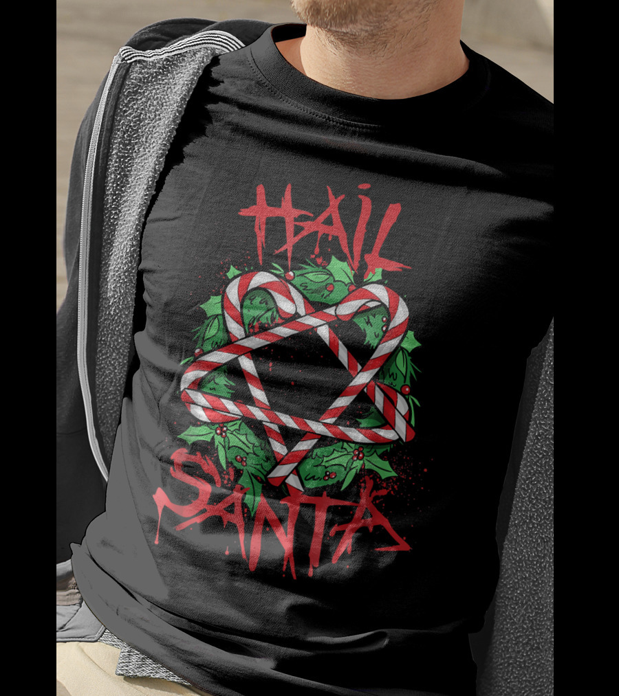 Hail Santa Anti Saint Nicholas Emo Santa College Candy Cane Pentagram T-Shirt
