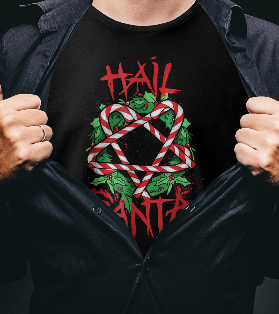 Hail Santa Anti Saint Nicholas Emo Santa College Candy Cane Pentagram T-Shirt