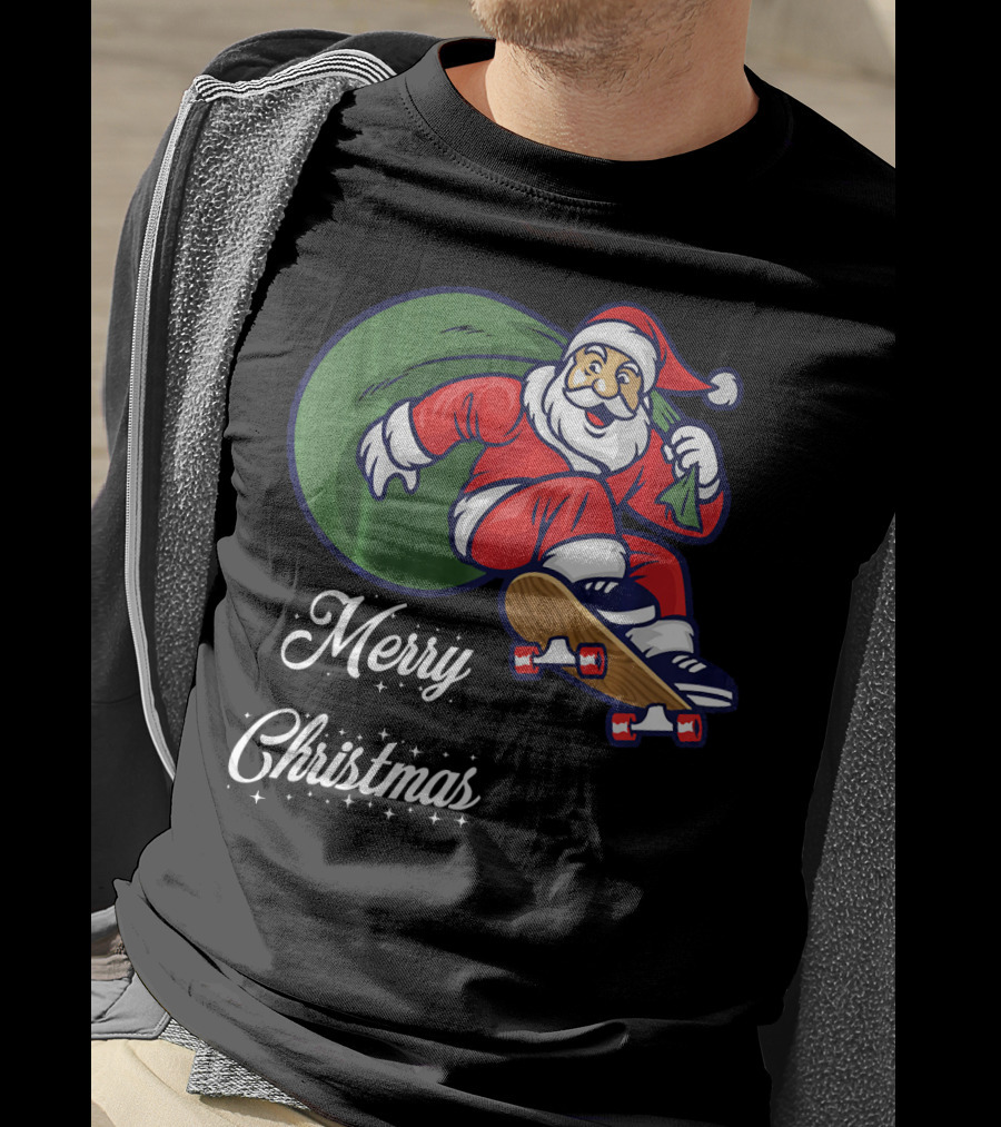 Merry Christmas Santa Claus Skating With Gift Sack T-Shirt
