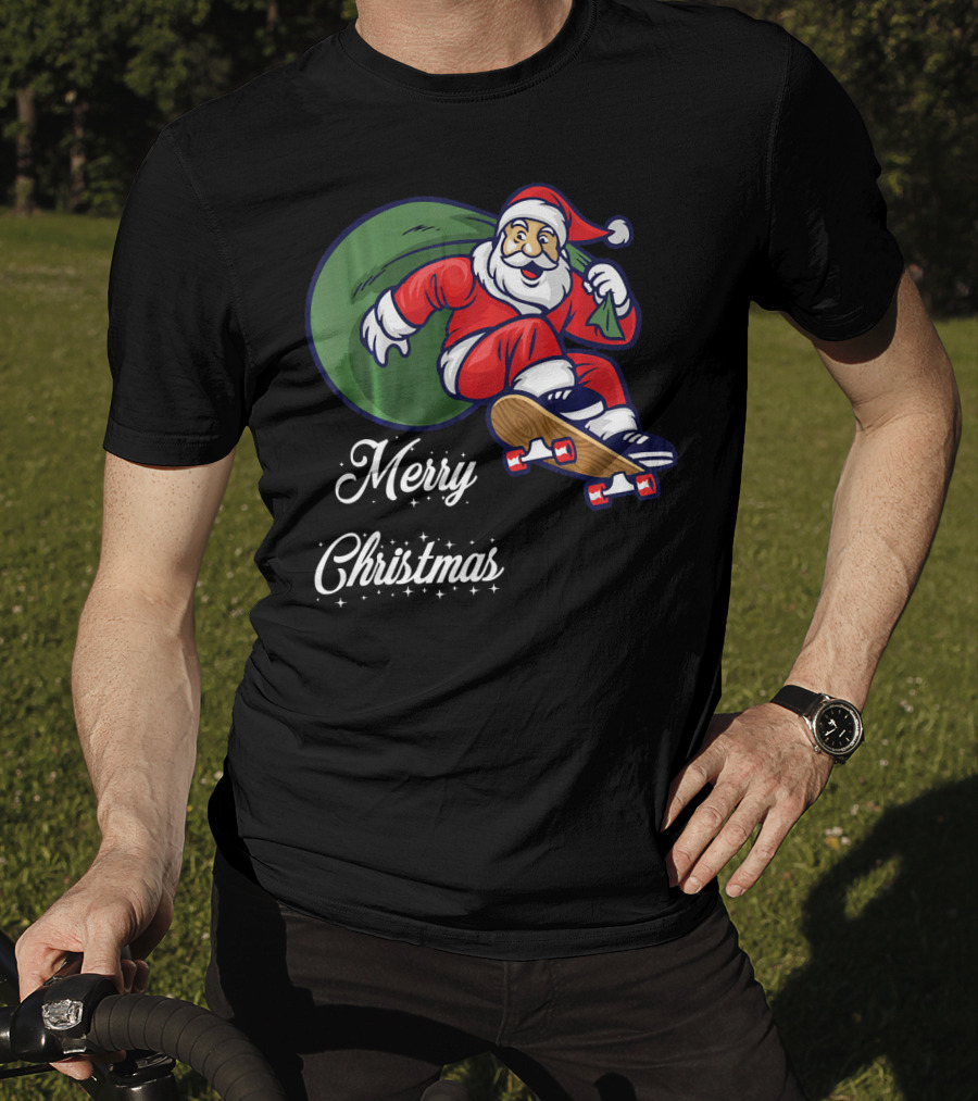 Merry Christmas Santa Claus Skating With Gift Sack T-Shirt