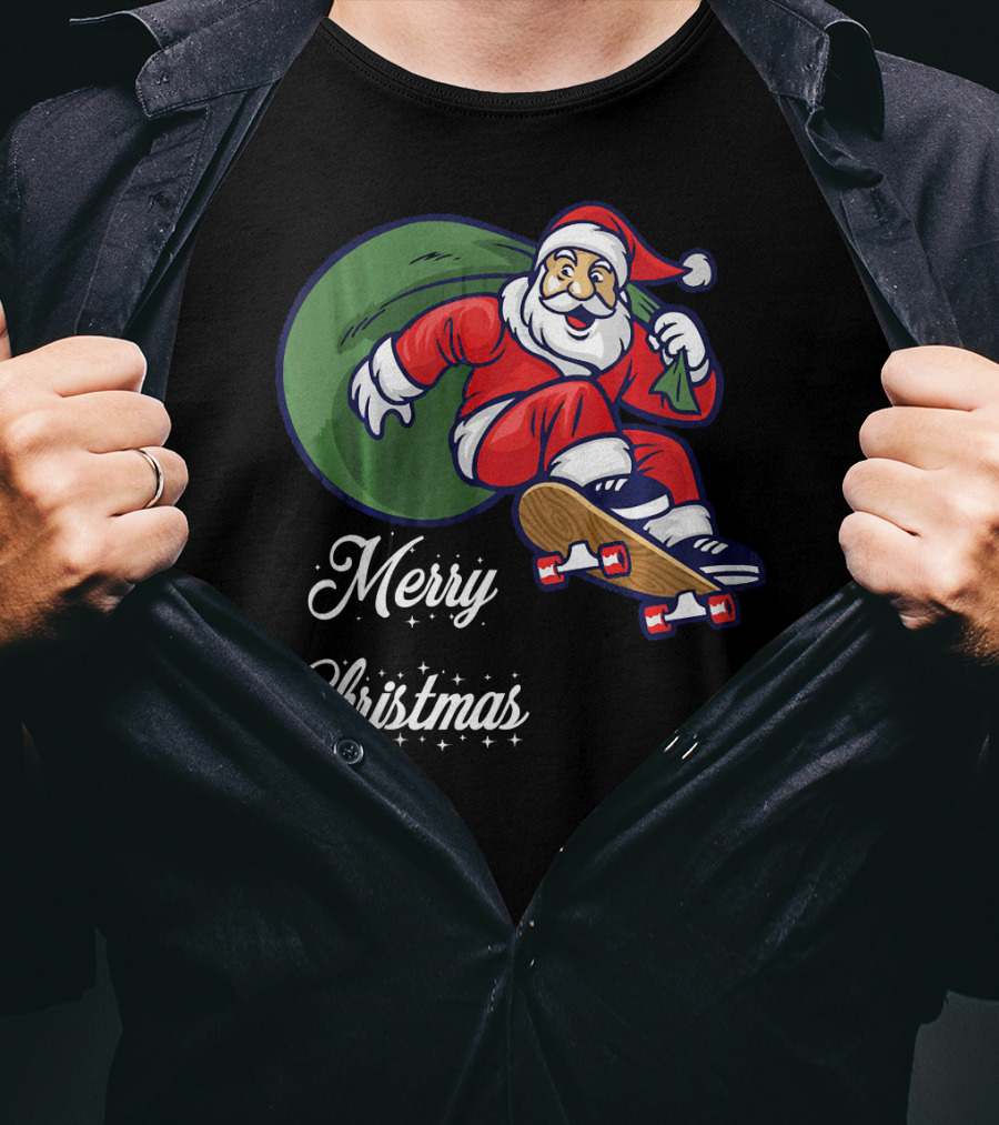 Merry Christmas Santa Claus Skating With Gift Sack T-Shirt