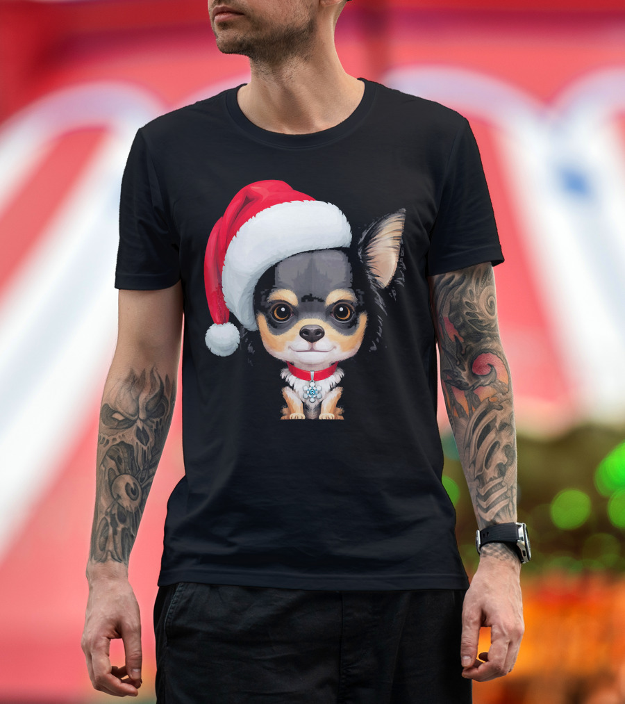 Festive Black and Tan Long Haired Chihuahua Santa Hat T-Shirt