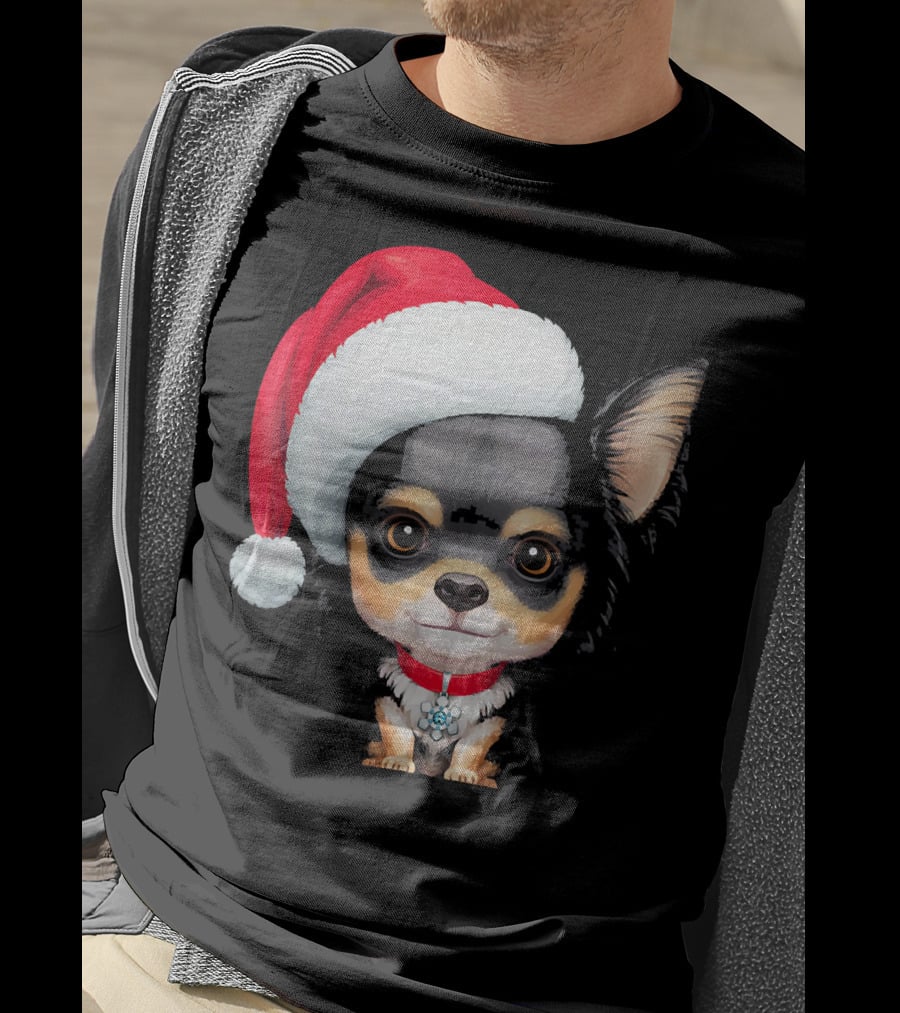 Festive Black And Tan Long Haired Chihuahua Santa Hat T-Shirt