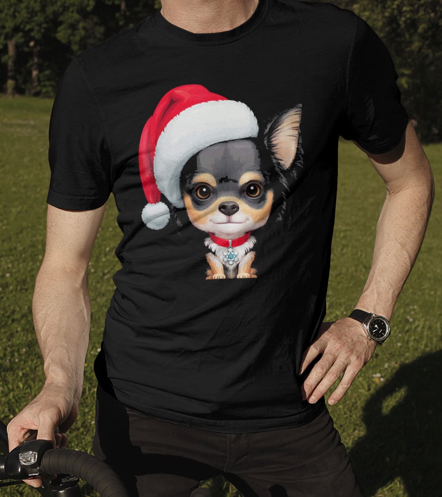 Festive Black And Tan Long Haired Chihuahua Santa Hat T-Shirt