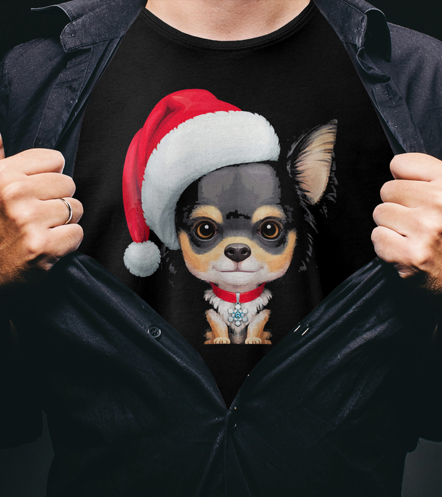 Festive Black And Tan Long Haired Chihuahua Santa Hat T-Shirt