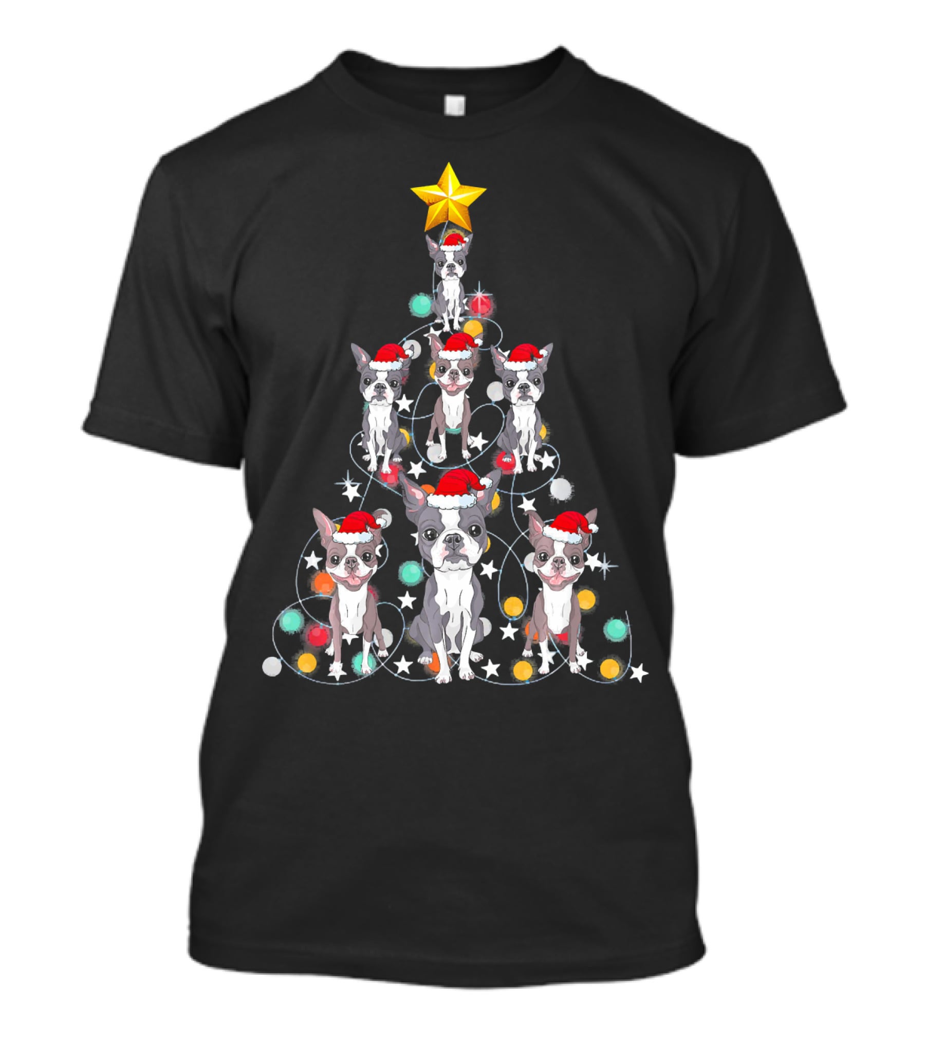 Santa Boston Terrier Christmas Tree Star Puppies T-Shirt